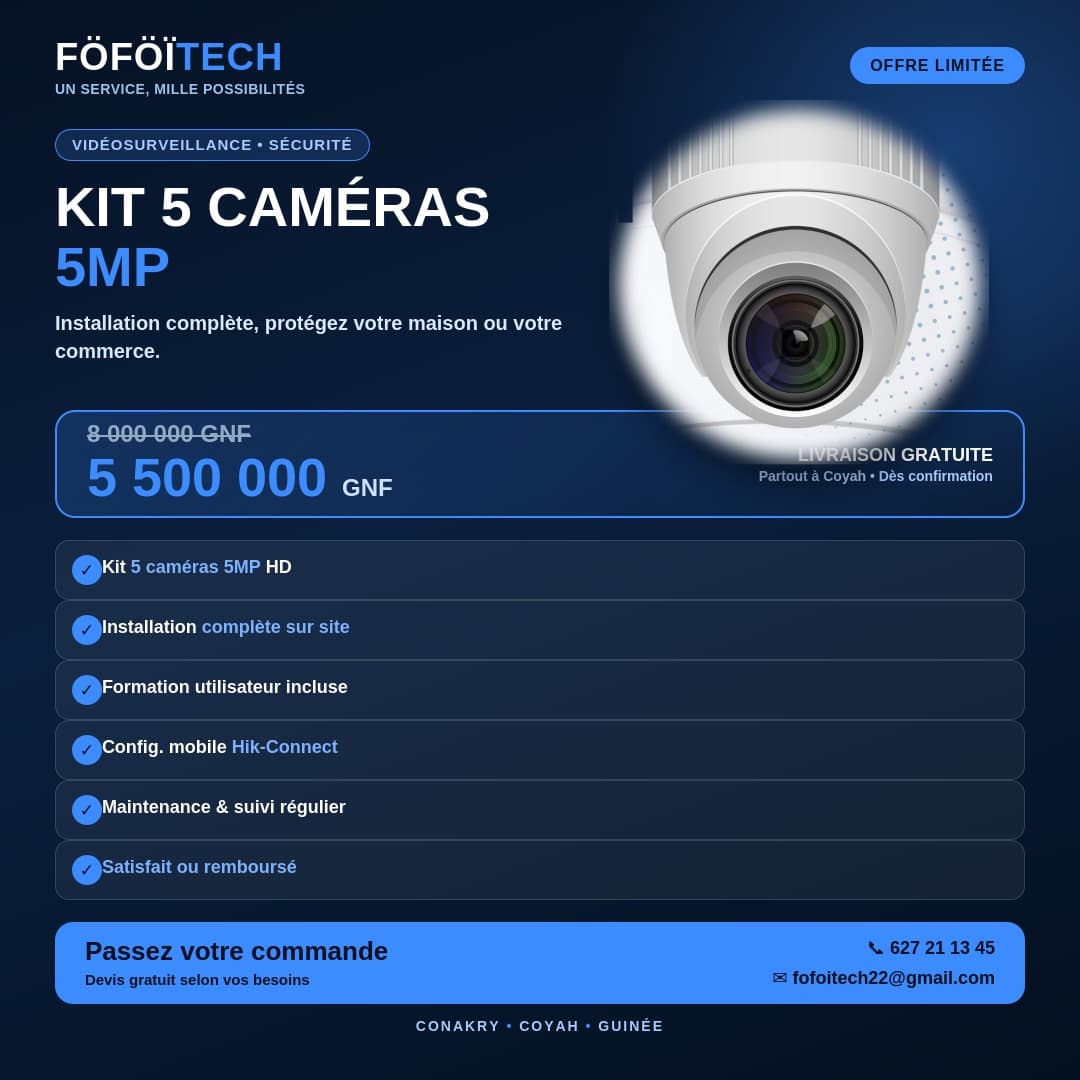 Kit de vidéosurveillance HIKVISION – 5 caméras 5MP avec installation complète